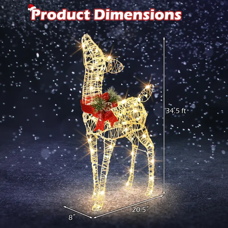 Goplus Weihnachts-Beleuchtungshirsch mit vormontierten Lichtern, beleuchtetes Rehkitz mit 50 warmweißen LED-Leuchten und roter Schleife 2
