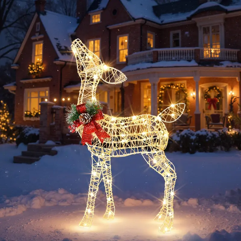 Goplus Weihnachts-Beleuchtungshirsch mit vormontierten Lichtern, beleuchtetes Rehkitz mit 50 warmweißen LED-Leuchten und roter Schleife