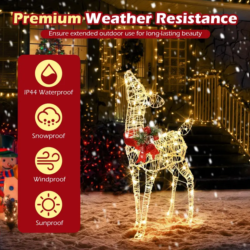Goplus Weihnachts-Beleuchtungshirsch mit vormontierten Lichtern, beleuchtetes Rehkitz mit 50 warmweißen LED-Leuchten und roter Schleife