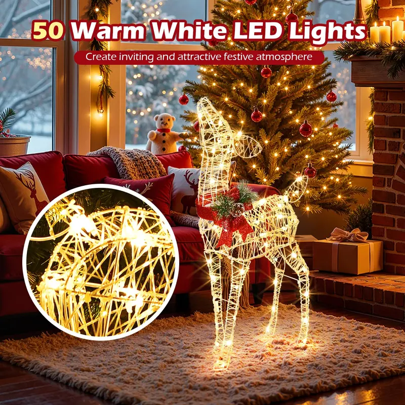 Goplus Weihnachts-Beleuchtungshirsch mit vormontierten Lichtern, beleuchtetes Rehkitz mit 50 warmweißen LED-Leuchten und roter Schleife