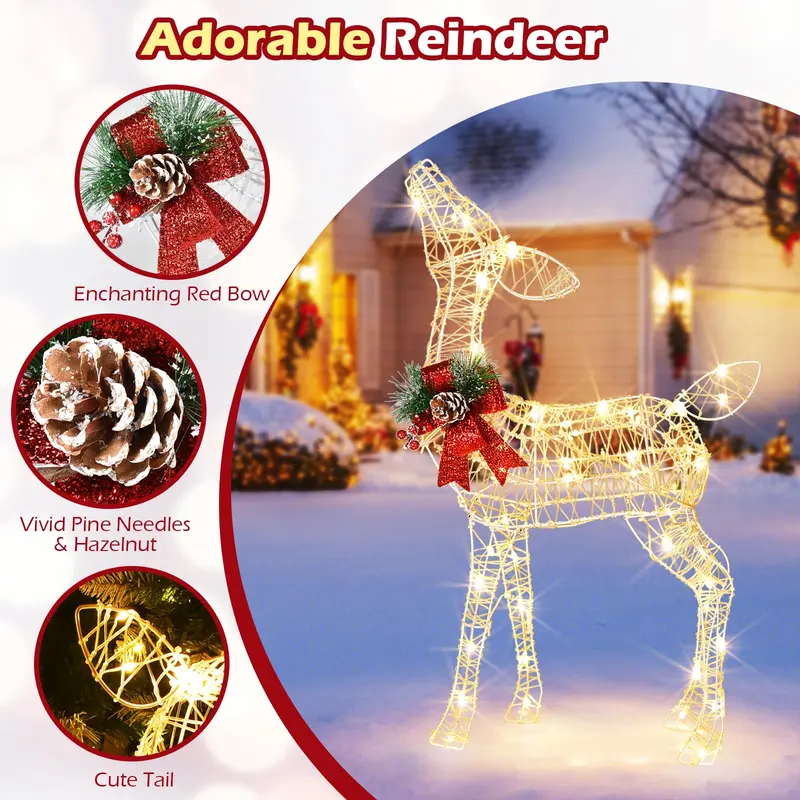 Goplus Weihnachts-Beleuchtungshirsch mit vormontierten Lichtern, beleuchtetes Rehkitz mit 50 warmweißen LED-Leuchten und roter Schleife