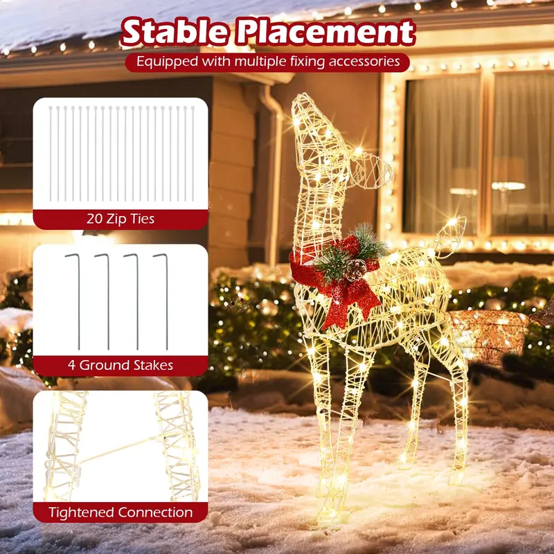 Goplus Weihnachts-Beleuchtungshirsch mit vormontierten Lichtern, beleuchtetes Rehkitz mit 50 warmweißen LED-Leuchten und roter Schleife
