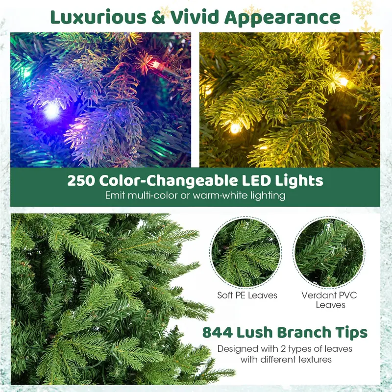 GoPlus Weihnachtsbaum mit integrierter Beleuchtung, künstlicher Weihnachtsbaum mit klappbaren Ästen und warmweißen sowie mehrfarbigen LED-Leuchten