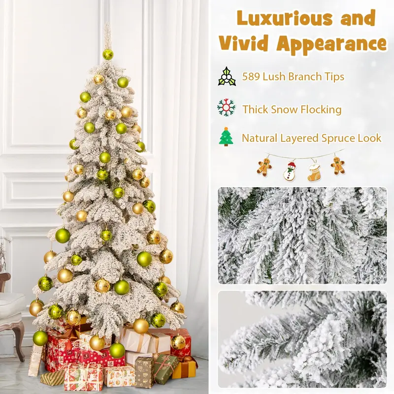 GoPlus Weihnachtsbaum mit Schneebelag, 1,83 m, für Eingangsbereiche – Künstlicher Weihnachtsbaum mit Klappgelenken und Topf sowie 48 Kugeln