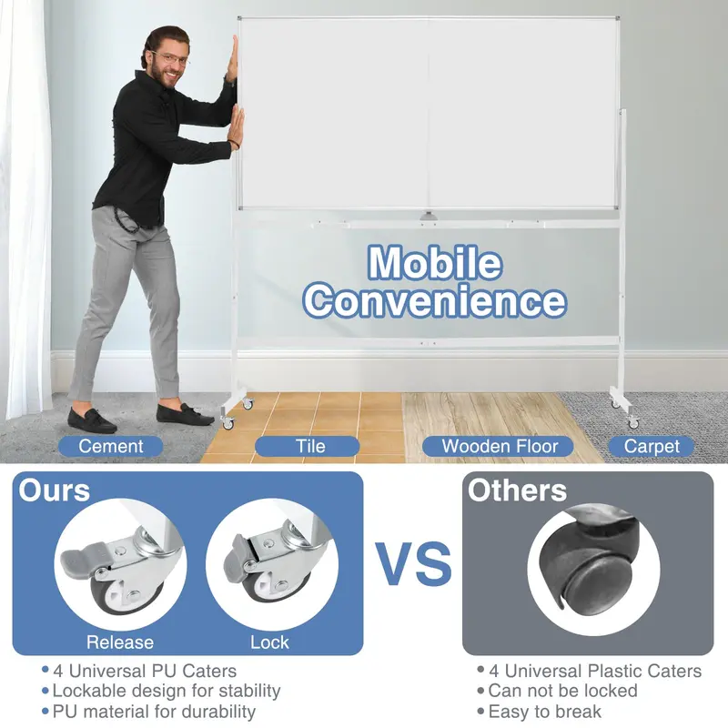 GoPlus Whiteboard auf Rollen, 183 x 91 cm, doppelseitig, magnetisch, trocken abwischbar, mit Ständer und Rahmen aus Aluminiumlegierung