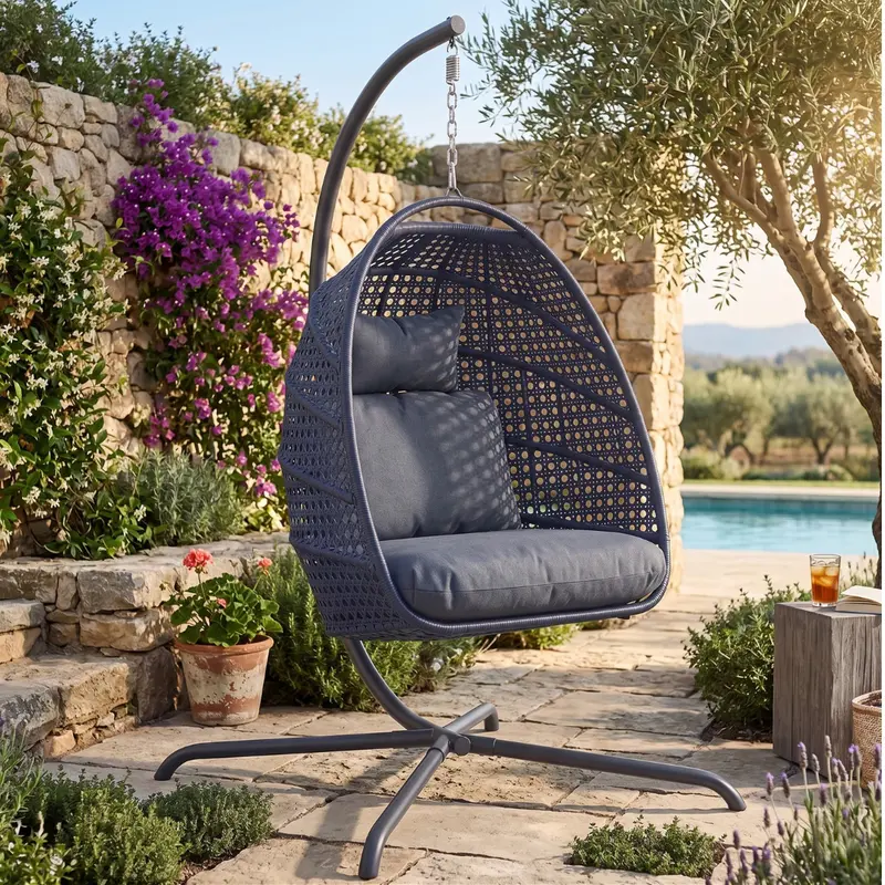 Hängender Ei-Sessel mit Gestell für Terrasse und Garten – Rattan-Hängesessel mit 160 kg Tragkraft