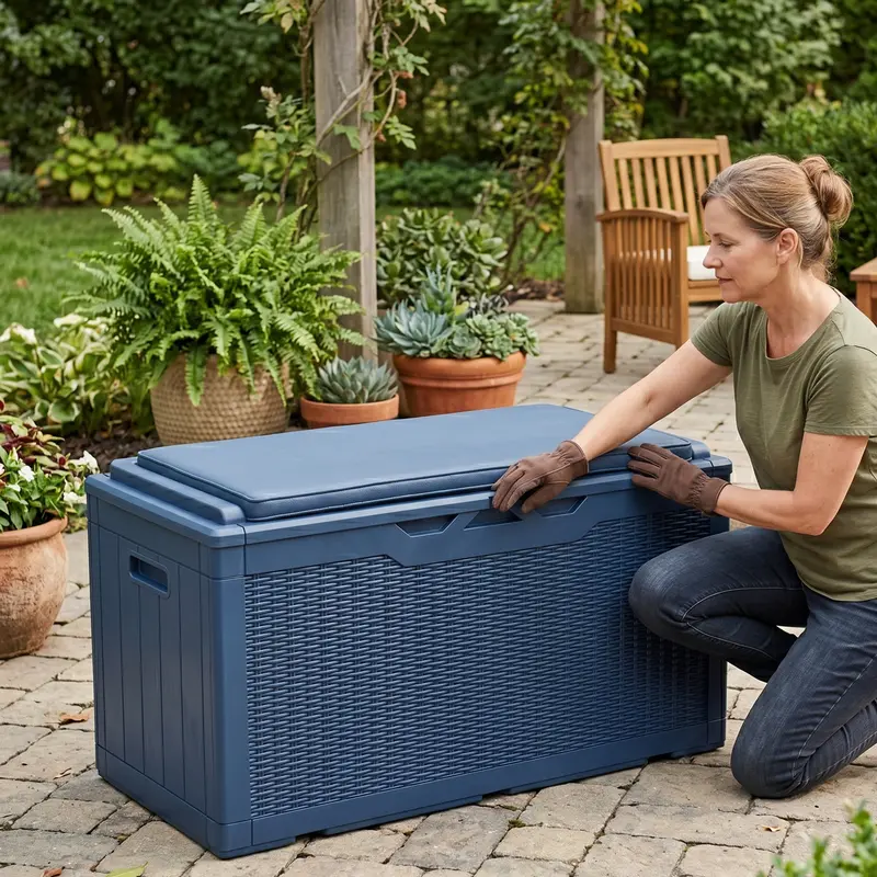 Harz-Aufbewahrungsbox für die Terrasse mit gepolstertem Sitzdeckel und Klappdeckel-Design