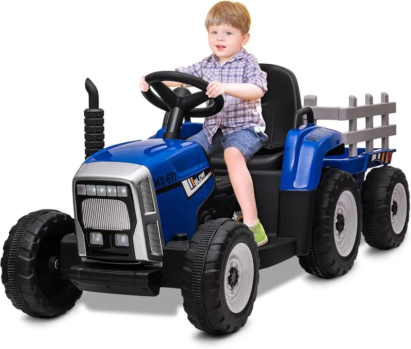 HAUSPROFI 12-V-3-Gang-Kinder-Elektroauto mit Anhänger, elektrischer Traktor mit 2 Fahrmodi, 2,4-G-Fernbedienung, LED-Beleuchtung, Bluetooth, Musikfunktion, USB-Anschluss – Elektrischer Kindertraktor ab 3 Jahren, grün