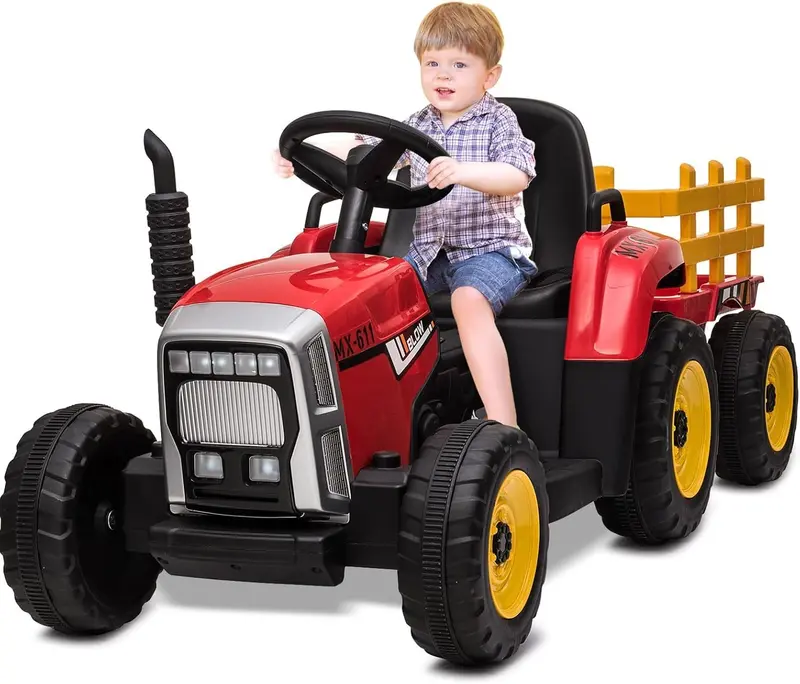 HAUSPROFI 12-V-3-Gang-Kinder-Elektroauto mit Anhänger, elektrischer Traktor mit 2 Fahrmodi, 2,4-G-Fernbedienung, LED-Beleuchtung, Bluetooth, Musikfunktion, USB-Anschluss – Elektrischer Kindertraktor ab 3 Jahren, grün