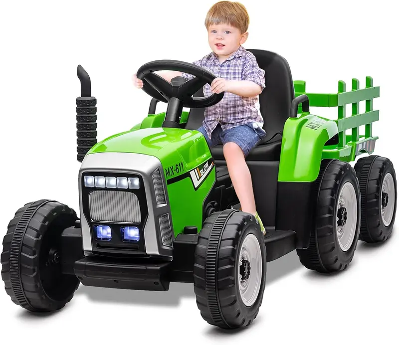HAUSPROFI 12-V-3-Gang-Kinder-Elektroauto mit Anhänger, elektrischer Traktor mit 2 Fahrmodi, 2,4-G-Fernbedienung, LED-Beleuchtung, Bluetooth, Musikfunktion, USB-Anschluss – Elektrischer Kindertraktor ab 3 Jahren, grün