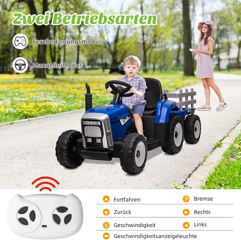 HAUSPROFI 12-V-3-Gang-Kinder-Elektroauto mit Anhänger, elektrischer Traktor mit 2 Fahrmodi, 2,4-G-Fernbedienung, LED-Beleuchtung, Bluetooth, Musikfunktion, USB-Anschluss – Elektrischer Kindertraktor ab 3 Jahren, grün