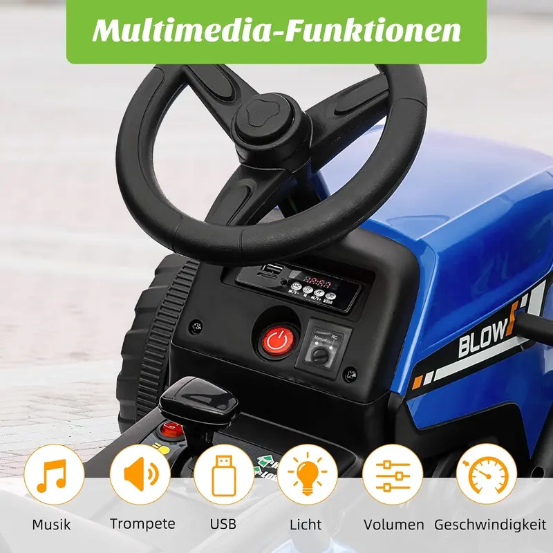 HAUSPROFI 12-V-3-Gang-Kinder-Elektroauto mit Anhänger, elektrischer Traktor mit 2 Fahrmodi, 2,4-G-Fernbedienung, LED-Beleuchtung, Bluetooth, Musikfunktion, USB-Anschluss – Elektrischer Kindertraktor ab 3 Jahren, grün