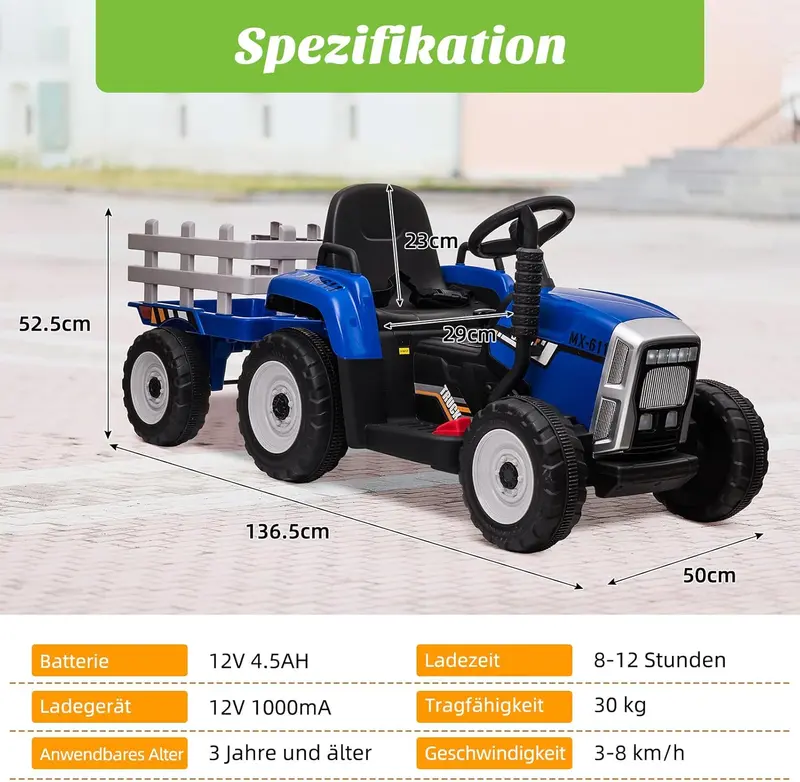 HAUSPROFI 12-V-3-Gang-Kinder-Elektroauto mit Anhänger, elektrischer Traktor mit 2 Fahrmodi, 2,4-G-Fernbedienung, LED-Beleuchtung, Bluetooth, Musikfunktion, USB-Anschluss – Elektrischer Kindertraktor ab 3 Jahren, grün