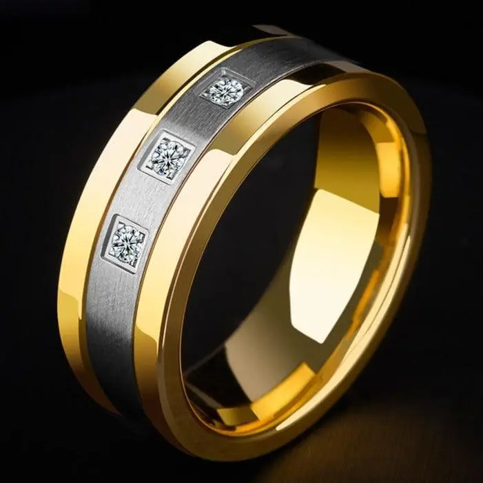 Herren-Ring aus Wolfram mit drei Zirkonia-Steinen