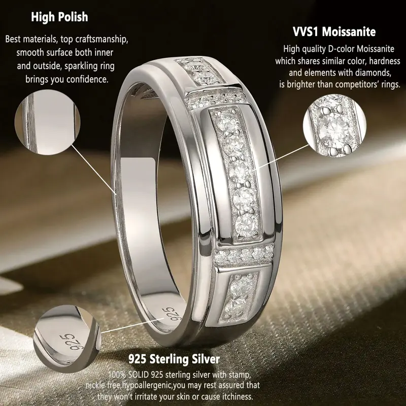 Herrenring aus elegantem Sterlingsilber mit vollständig besetztem Moissanit 2
