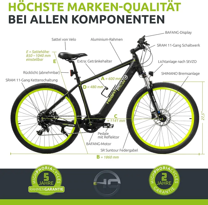 Highphoria Elektrofahrrad für Erwachsene, 250 W / 25 km/h E-Bike mit Akku, leistungsstarkem Motor, Kettenschaltung und hydraulischer Federgabel – Pedelec für Damen und Herren