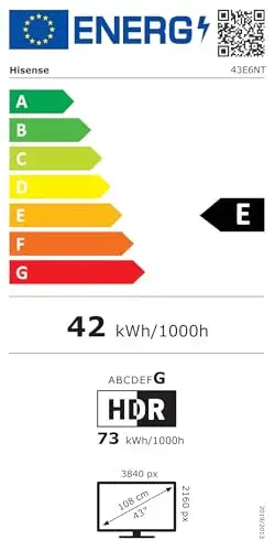 Hisense 43E6NT, 108 cm (43 Zoll) Fernseher, 4K-UHD-Smart-TV, Precision Colour, HDR, Dolby Vision, 60 Hz, Dreifach-Tuner (DVB-C/S/S2/T/T2), WLAN, HDMI 2.1, Bluetooth, integrierter Alexa-Assistent, Schwarz, [2024] 2