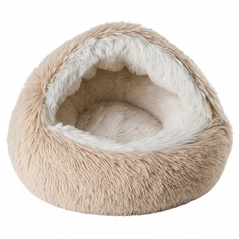 Hooded Plush Cave Pet Bed mit abnehmbarem Kissen und rutschfestem Boden