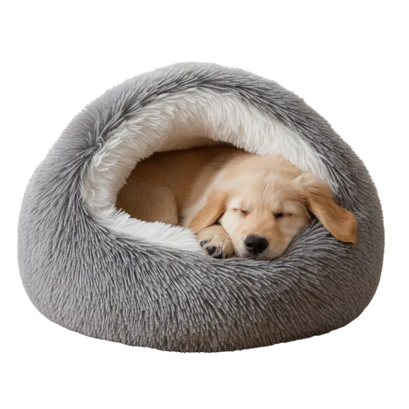 Hooded Plush Cave Pet Bed mit abnehmbarem Kissen und rutschfestem Boden