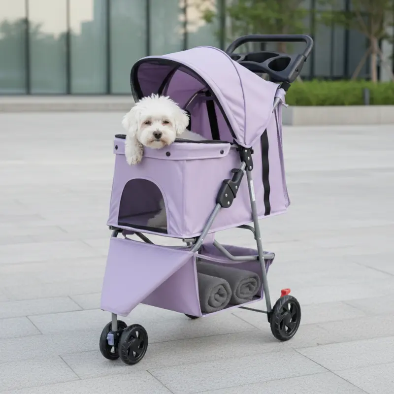 Hund- und Katzen-Kinderwagen mit Netzverdeck, Ablagekorb und Getränkehalter