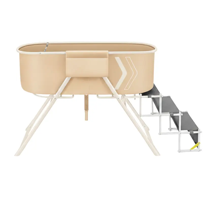 Hundebadewanne mit erhöhtem Becken, klappbaren Treppen und Ablaufschlauch