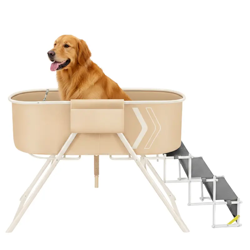 Hundebadewanne mit erhöhtem Becken, klappbaren Treppen und Ablaufschlauch