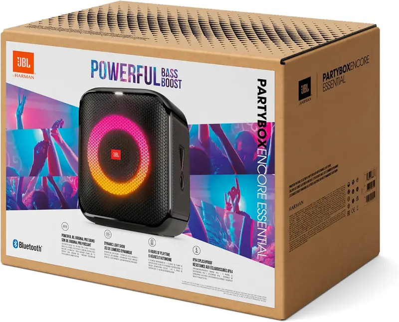 JBL PartyBox Encore – Tragbarer Party-Lautsprecher für drinnen und draußen – Mit integrierter Lichtshow, IPX4-Schutz und tiefem Bass – Bis zu 10 Stunden Akkulaufzeit – Schwarz