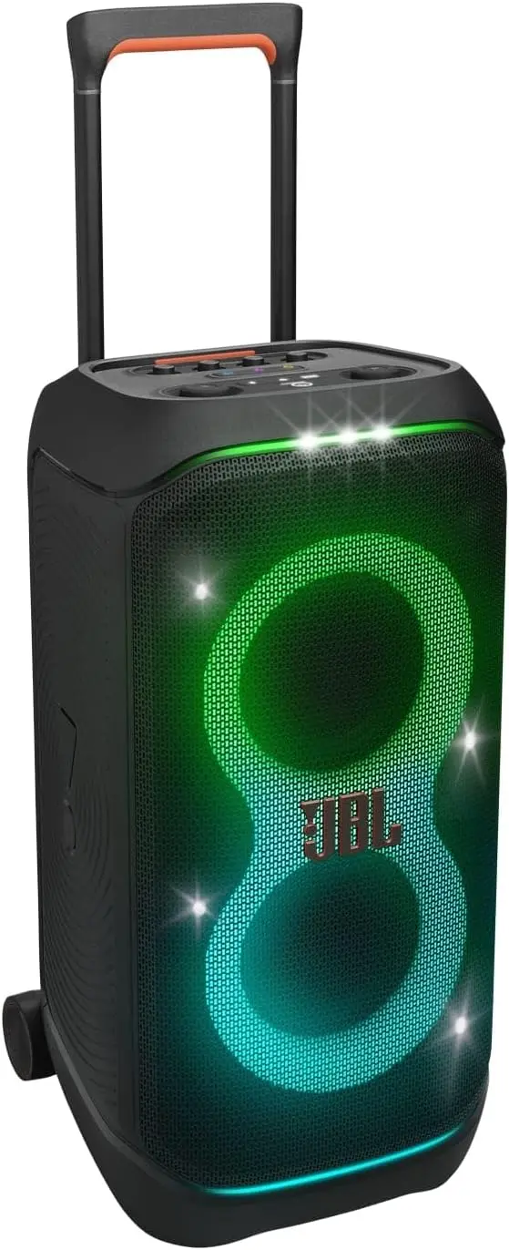 JBL Partybox Stage 120 in Schwarz – Tragbare Bluetooth-Lautsprecher-Box mit JBL Pro Sound, Lichtshow, KI-Sound-Boost und Teleskopgriff – 12 Stunden Akkulaufzeit