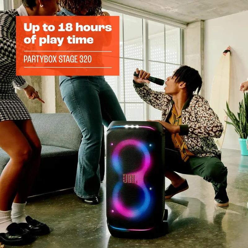 JBL Partybox Stage 120 in Schwarz – Tragbare Bluetooth-Lautsprecher-Box mit JBL Pro Sound, Lichtshow, KI-Sound-Boost und Teleskopgriff – 12 Stunden Akkulaufzeit