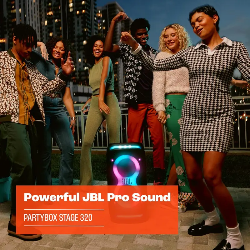 JBL Partybox Stage 120 in Schwarz – Tragbare Bluetooth-Lautsprecher-Box mit JBL Pro Sound, Lichtshow, KI-Sound-Boost und Teleskopgriff – 12 Stunden Akkulaufzeit