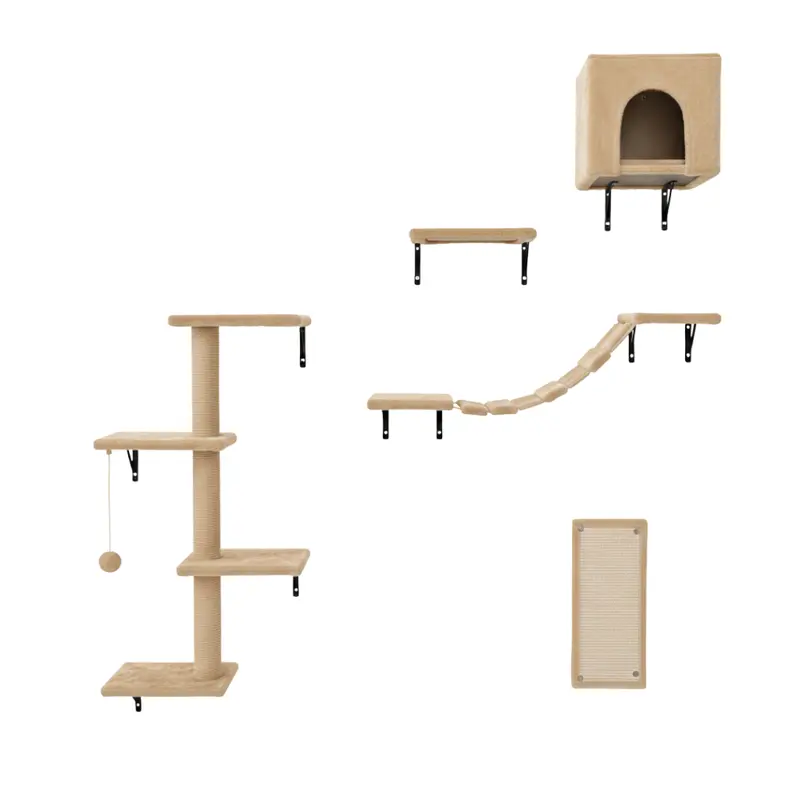 Katzen-Wandregal-Set mit Haus, Brücke, Stufen, Klettergerüst und Kratzbrett