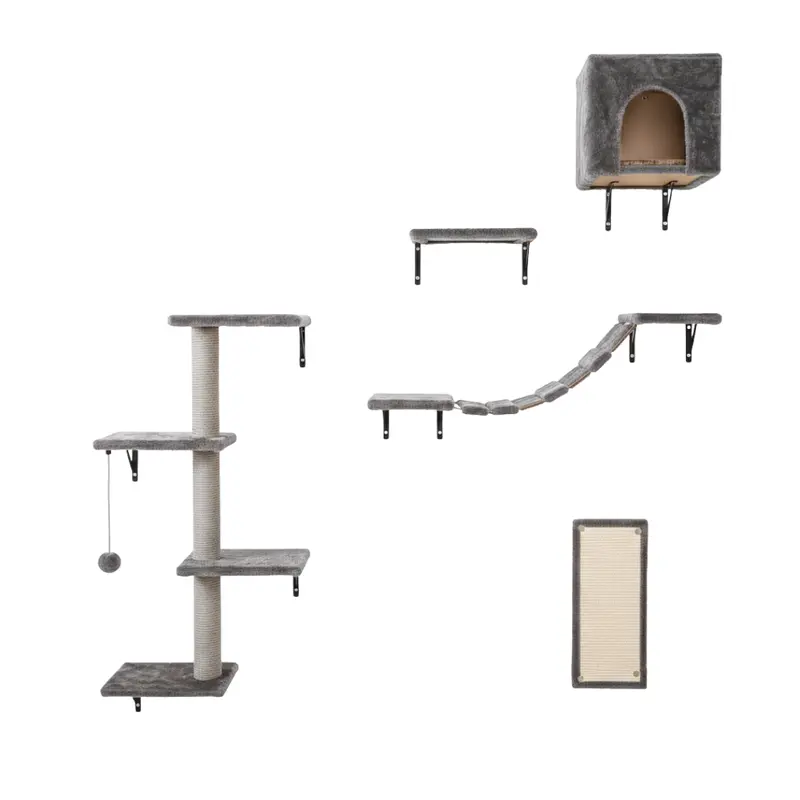 Katzen-Wandregal-Set mit Haus, Brücke, Stufen, Klettergerüst und Kratzbrett