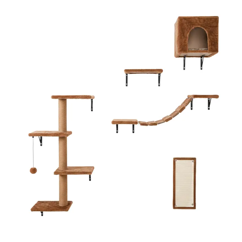 Katzen-Wandregal-Set mit Haus, Brücke, Stufen, Klettergerüst und Kratzbrett