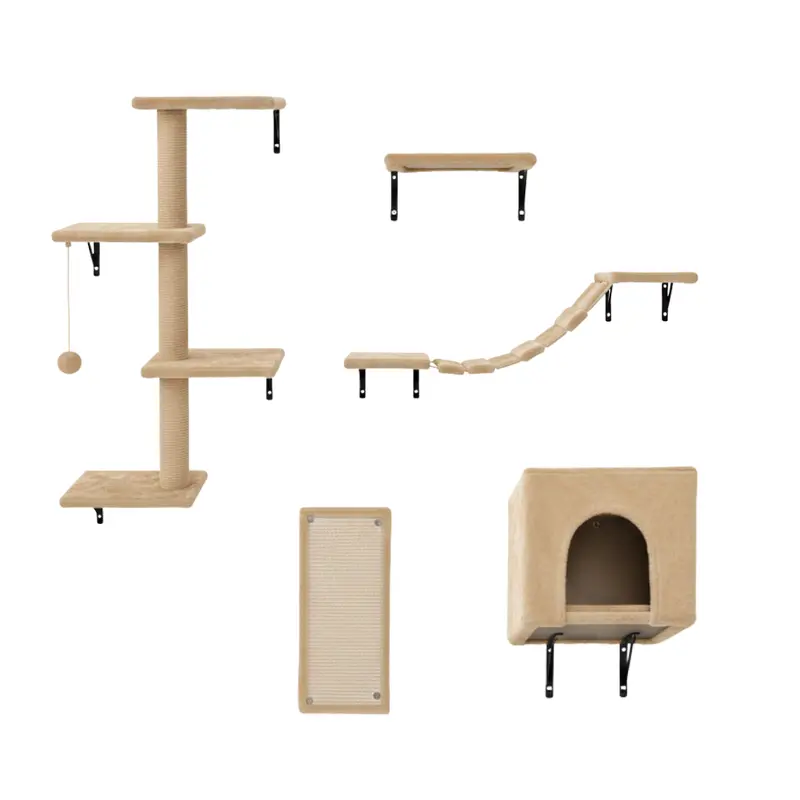 Katzen-Wandregal-Set mit Haus, Brücke, Stufen, Klettergerüst und Kratzbrett