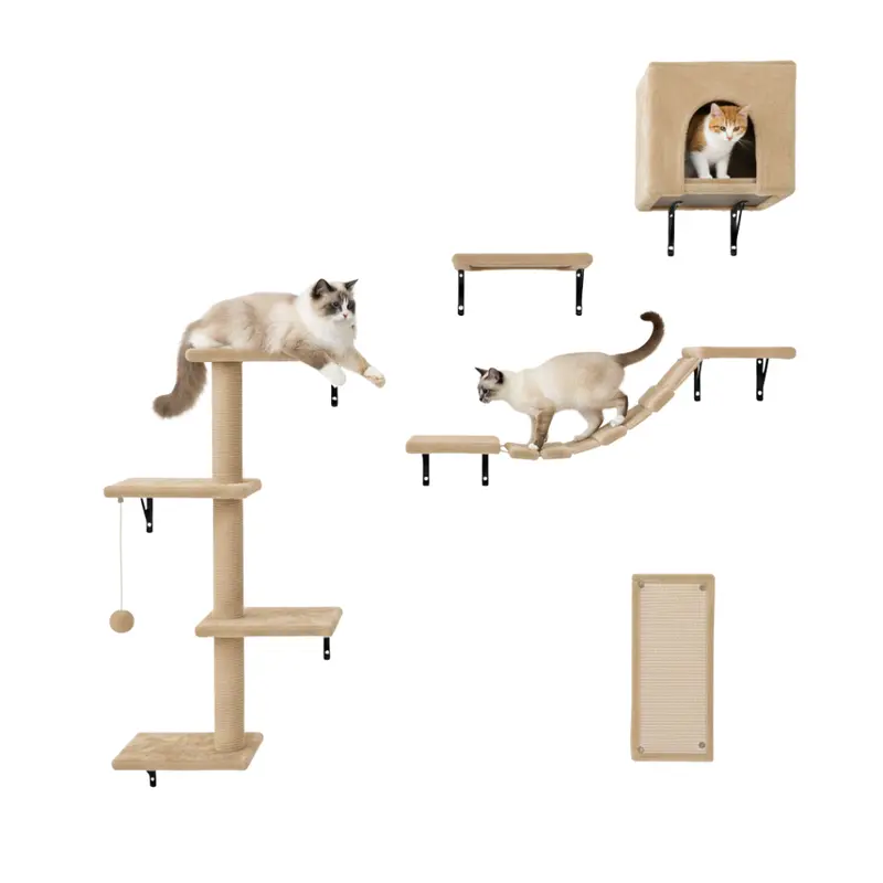 Katzen-Wandregal-Set mit Haus, Brücke, Stufen, Klettergerüst und Kratzbrett