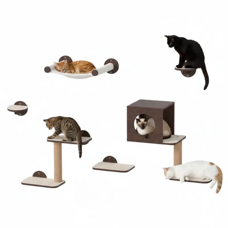 Katzen-Wandregale mit Hängematte, Häuschen, Treppen und Kratzsäule