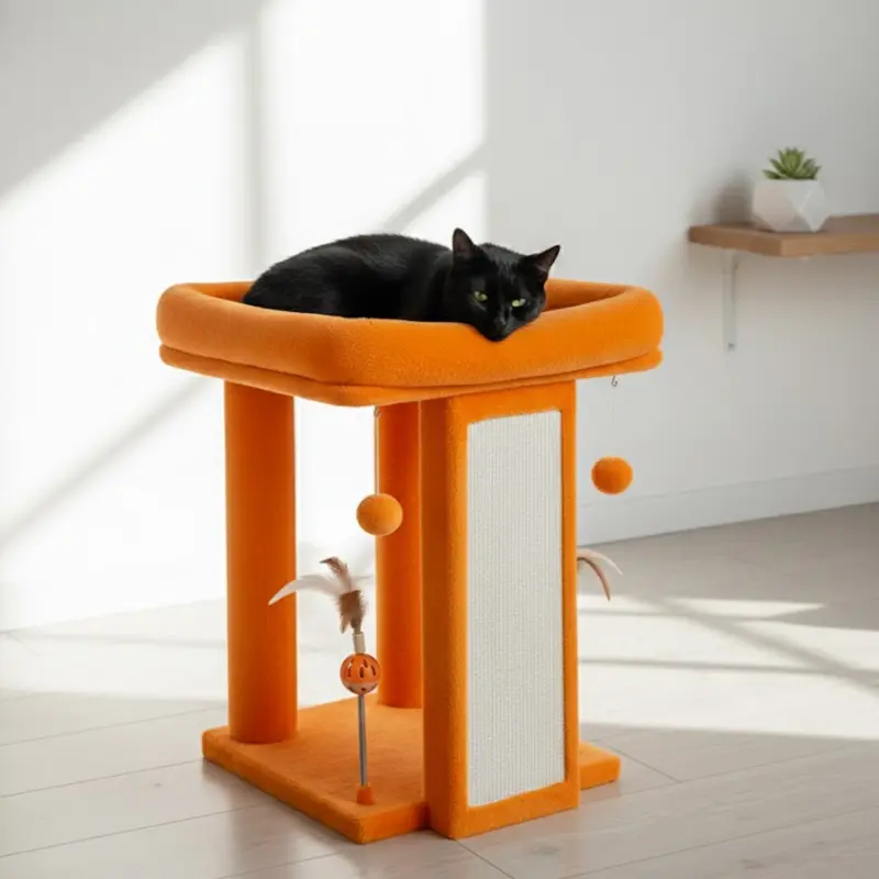 Katzenbaum mit erhöhter Plattform, Kratzbrett und Spielzeug