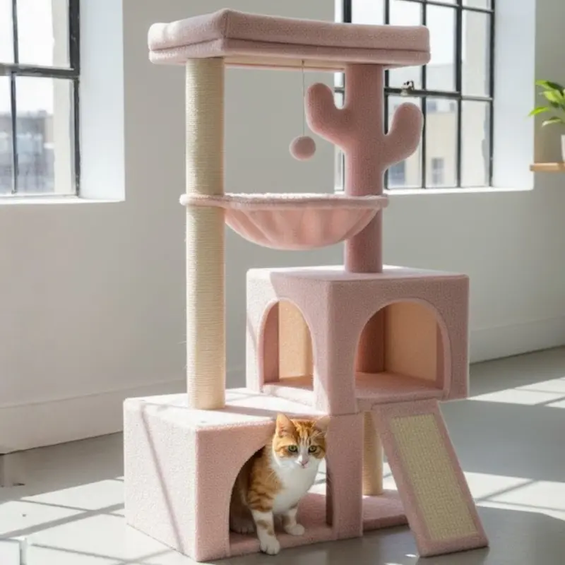 Katzenbaum mit zwei Kabinen, Kratzsäulen und Hängematte für Katzen