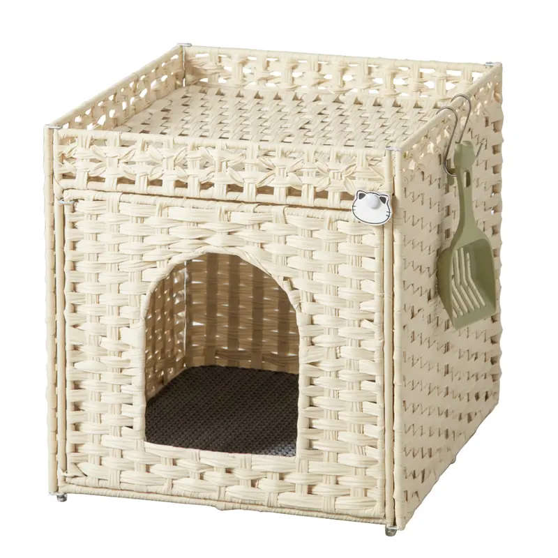 Katzenklo-Versteck mit Matte und umlaufender Bordüre, handgeflecht aus Rattan