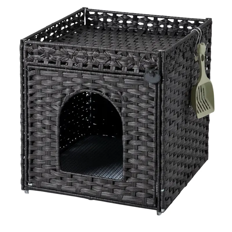 Katzenklo-Versteck mit Matte und umlaufender Bordüre, handgeflecht aus Rattan