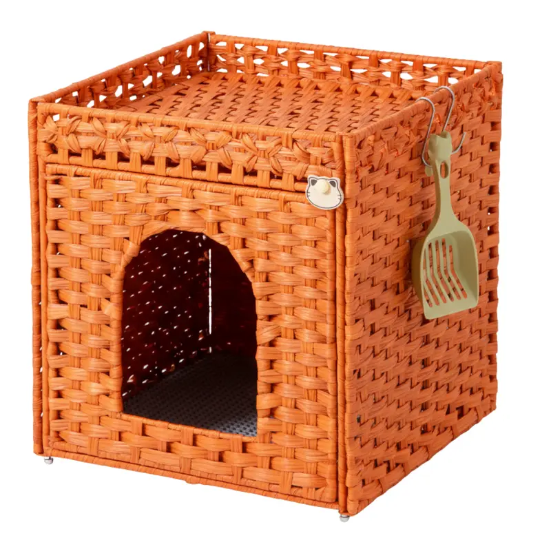 Katzenklo-Versteck mit Matte und umlaufender Bordüre, handgeflecht aus Rattan