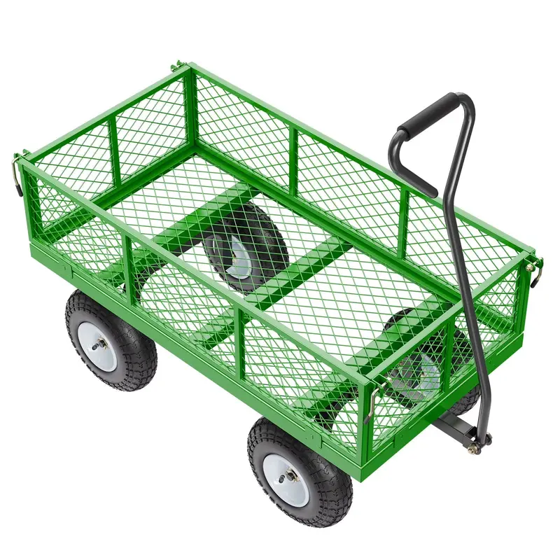 KFFKFF Drahtgitter-Gartencarport aus Stahl, 408 kg Tragkraft, 96,5 × 51 cm schweres Universal-Transportwagen, Metall-Garten-Trolley mit 25-cm-Rädern, abnehmbaren Drahtgitter-Seitenwänden und 180° schwenkbarem Griff (Grün)