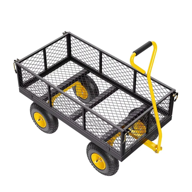 KFFKFF Drahtgitter-Gartencarport aus Stahl, 408 kg Tragkraft, 96,5 × 51 cm schweres Universal-Transportwagen, Metall-Garten-Trolley mit 25-cm-Rädern, abnehmbaren Drahtgitter-Seitenwänden und 180° schwenkbarem Griff (Grün)