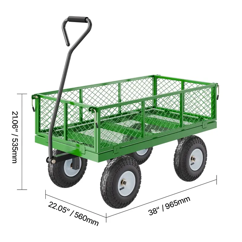 KFFKFF Drahtgitter-Gartencarport aus Stahl, 408 kg Tragkraft, 96,5 × 51 cm schweres Universal-Transportwagen, Metall-Garten-Trolley mit 25-cm-Rädern, abnehmbaren Drahtgitter-Seitenwänden und 180° schwenkbarem Griff (Grün)