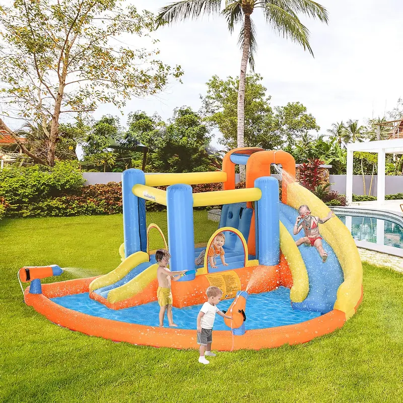 Kids Inflatable Water Slide 5-in-1 Bounce House Water Park Jumping Castle with Water Pool, Slide, Climbing Walls, & 2 Water Cannons, 450W Air Blower 2