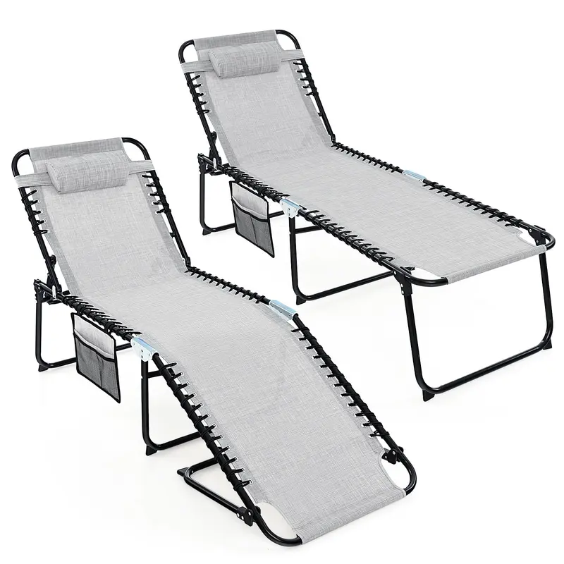Klappbare Liege für den Außenbereich, tragbarer Liegestuhl mit 4-Positionen-Verstelllehne, Seitentasche und abnehmbarem Kopfkissen