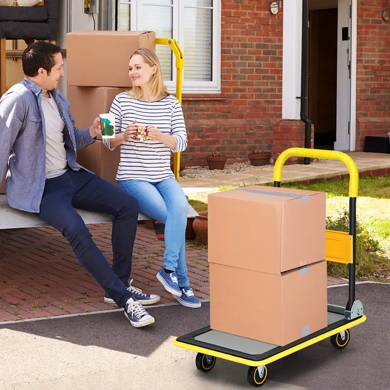 Klappbare Plattform-Transportkarre, 150 kg Tragfähigkeit, rollende Flachkarre, Handplattformwagen, Schiebewagen zum Verladen, Gelb 2