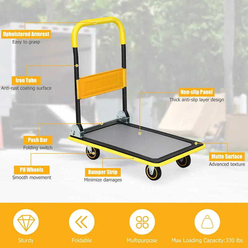 Klappbare Plattform-Transportkarre, 150 kg Tragfähigkeit, rollende Flachkarre, Handplattformwagen, Schiebewagen zum Verladen, Gelb