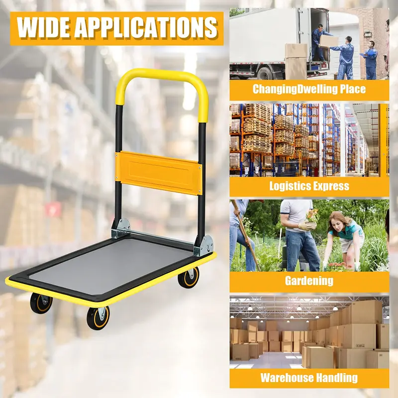 Klappbare Plattform-Transportkarre, 150 kg Tragfähigkeit, rollende Flachkarre, Handplattformwagen, Schiebewagen zum Verladen, Gelb