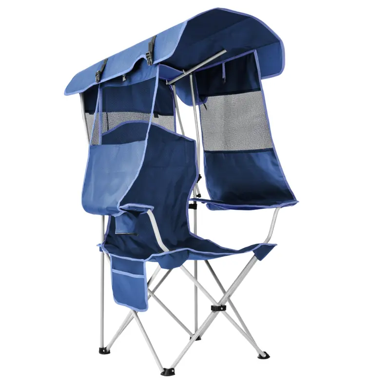 Klappbarer Campingstuhl mit verstellbarem Sonnendach und hinterem Schattenschild
